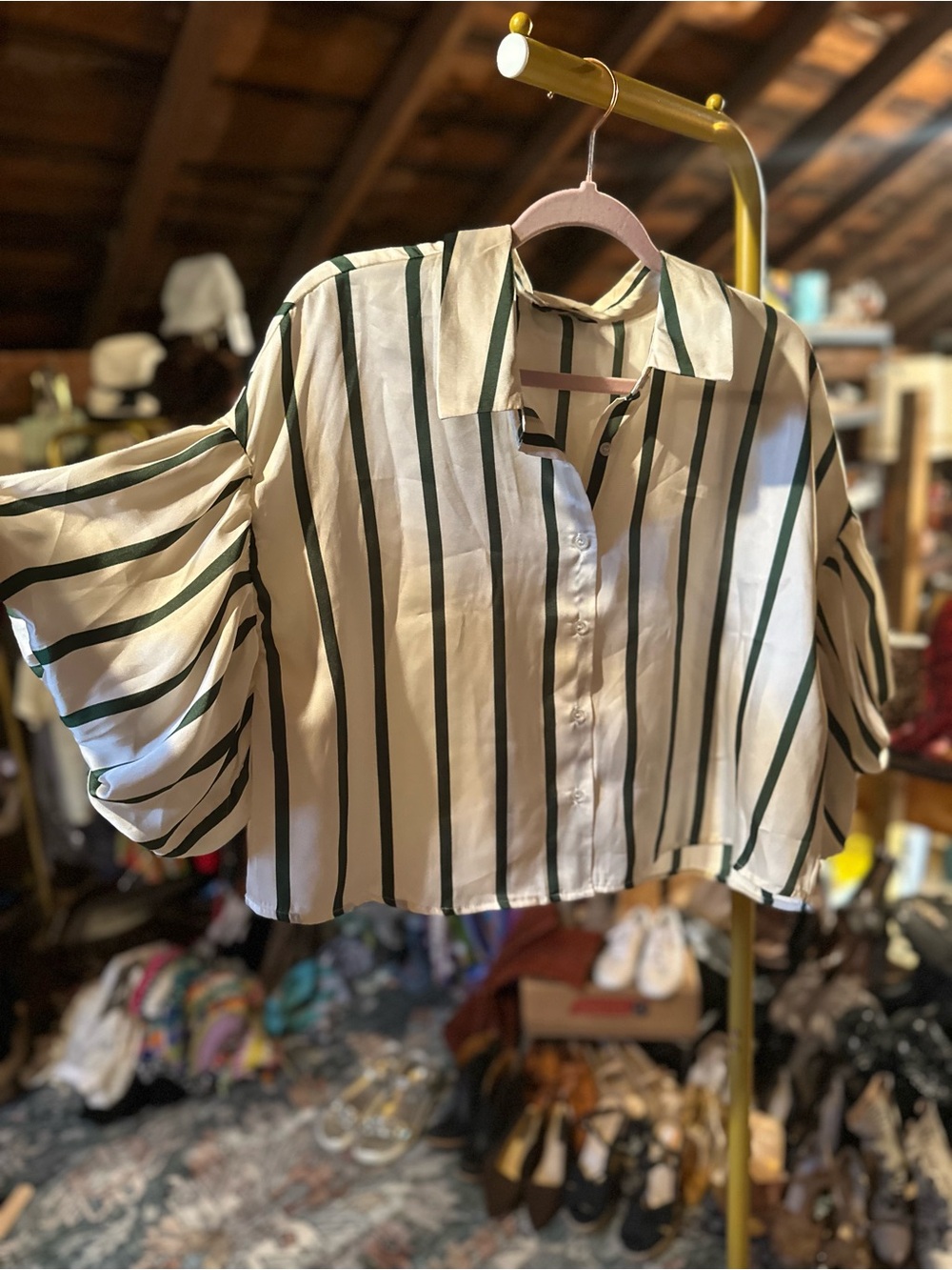 Striped Button-Down Crop Shirt in Cream and Green